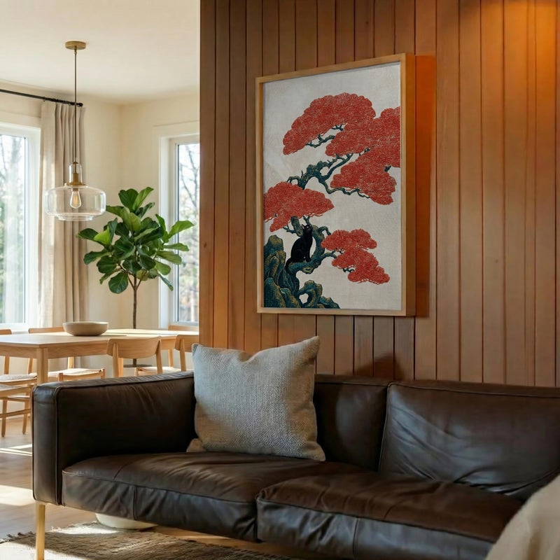 TNESSENTIAL Japanese Bonsai Cat Print – Ukiyo-e Style Wall Art, Red Tree Feline Poster, Zen Asian Room Decor, Vintage Black Cat Gift - Image 5