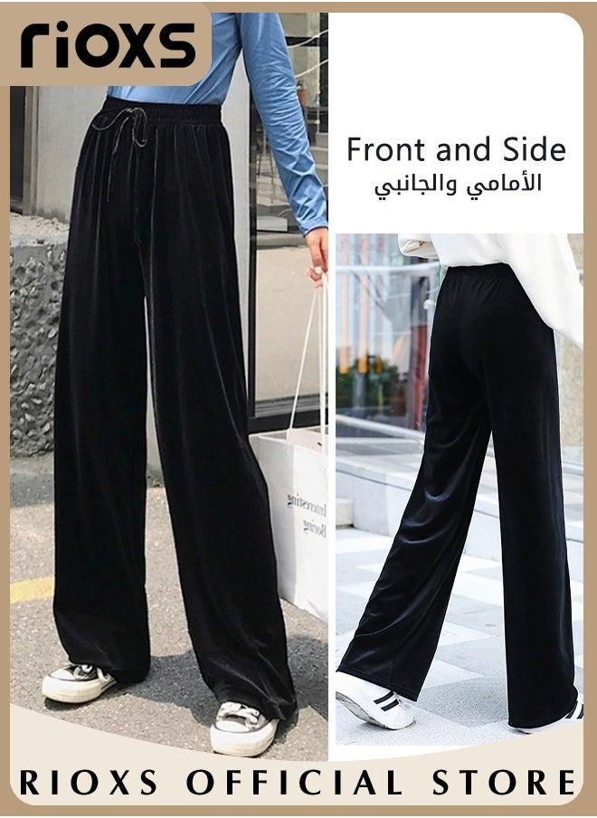 RIOXS - Women's Velvet High Waist Pants, Vintage Drawstring Trousers, Baggy Comfortable Pants for Ladies, Palazzo Trousers with Elastic Waist, Easy to Match, Suitable for Daily Wear and Outdoor Activities - Image 1