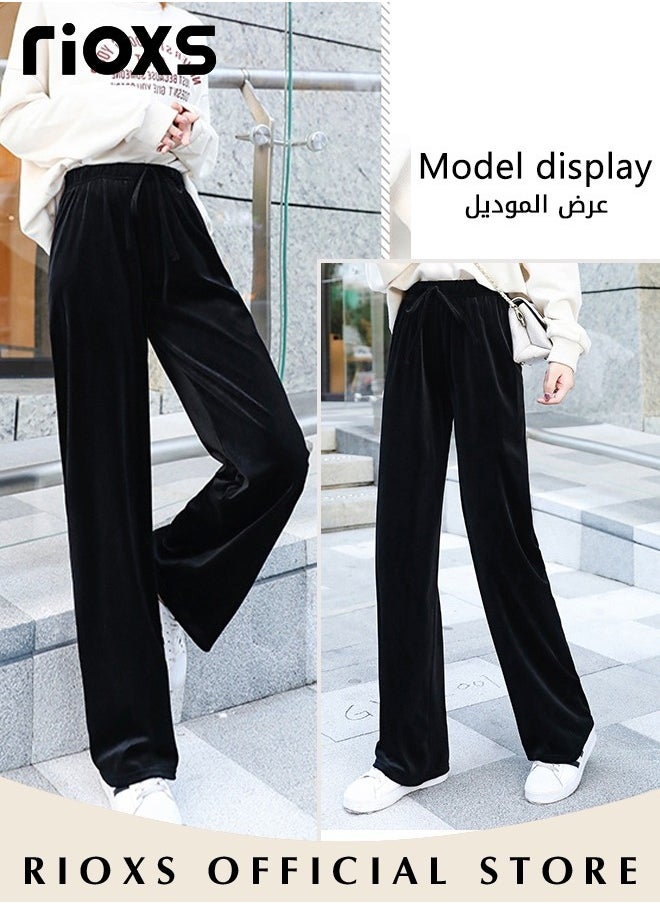 RIOXS - Women's Velvet High Waist Pants, Vintage Drawstring Trousers, Baggy Comfortable Pants for Ladies, Palazzo Trousers with Elastic Waist, Easy to Match, Suitable for Daily Wear and Outdoor Activities - Image 1