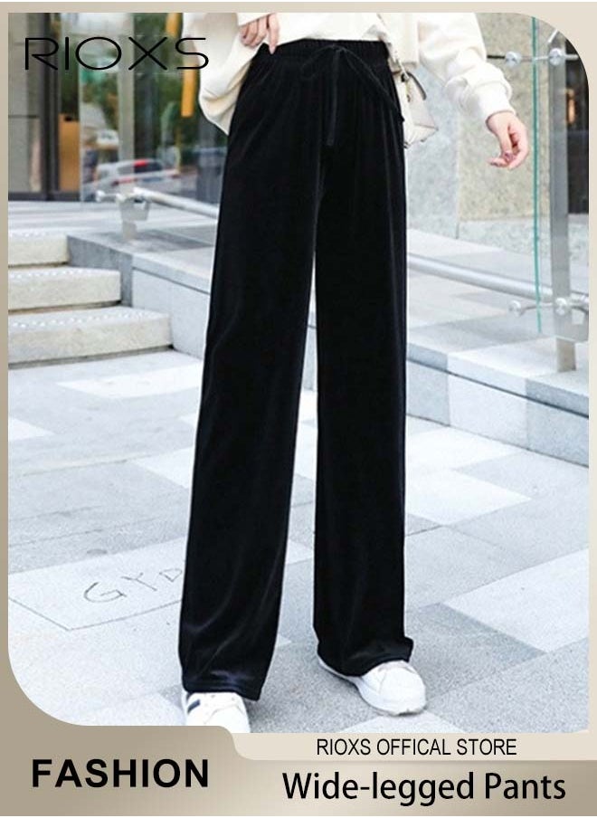 RIOXS - Women's Velvet High Waist Pants, Vintage Drawstring Trousers, Baggy Comfortable Pants for Ladies, Palazzo Trousers with Elastic Waist, Easy to Match, Suitable for Daily Wear and Outdoor Activities - Image 1