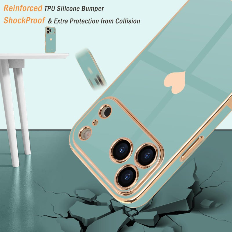 Teageo for iPhone 17 Pro Case with Screen Protector [2 Pack] Girl Women Cute Girly Love-Heart Luxury Gold Soft Cover Camera Protection Shockproof Phone Case for iPhone 17 Pro, Teal - Image 4