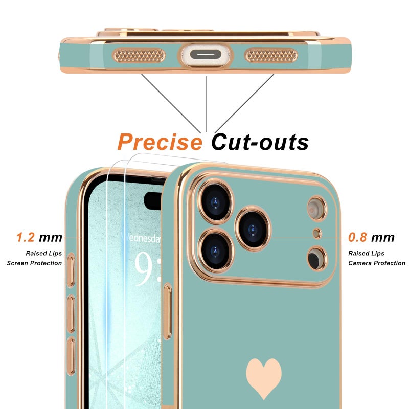 Teageo for iPhone 17 Pro Case with Screen Protector [2 Pack] Girl Women Cute Girly Love-Heart Luxury Gold Soft Cover Camera Protection Shockproof Phone Case for iPhone 17 Pro, Teal - Image 2