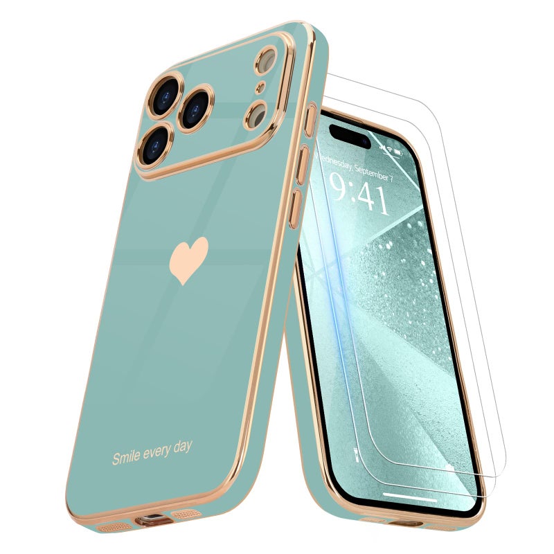 Teageo for iPhone 17 Pro Case with Screen Protector [2 Pack] Girl Women Cute Girly Love-Heart Luxury Gold Soft Cover Camera Protection Shockproof Phone Case for iPhone 17 Pro, Teal - Image 1