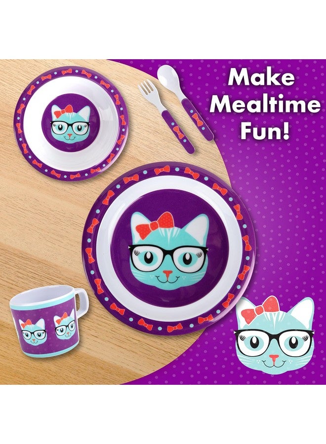 Bentology 5 Pc Mealtime Baby Feeding Set for Kids and Toddlers - Includes Plate, Bowl, Cup, Fork and Spoon Utensil Flatware - Durable, Dishwasher Safe, BPA Free - Kitty - Image 4