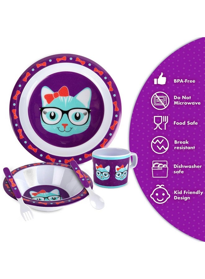 Bentology 5 Pc Mealtime Baby Feeding Set for Kids and Toddlers - Includes Plate, Bowl, Cup, Fork and Spoon Utensil Flatware - Durable, Dishwasher Safe, BPA Free - Kitty - Image 3
