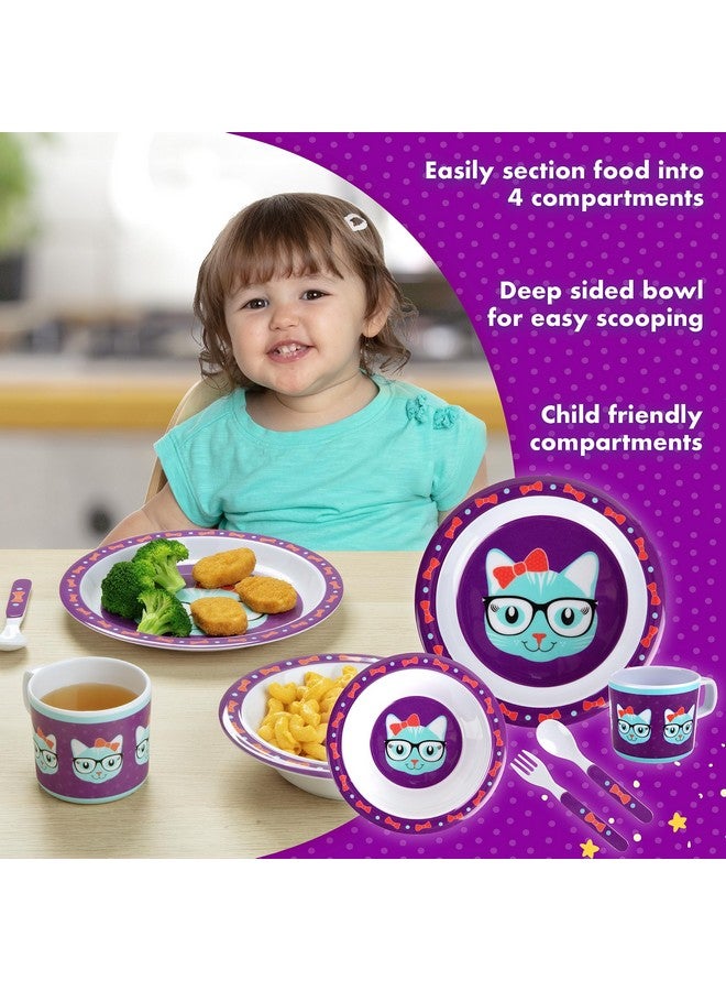 Bentology 5 Pc Mealtime Baby Feeding Set for Kids and Toddlers - Includes Plate, Bowl, Cup, Fork and Spoon Utensil Flatware - Durable, Dishwasher Safe, BPA Free - Kitty - Image 2