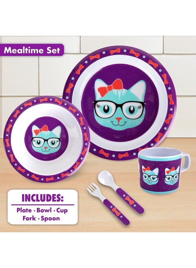 Bentology 5 Pc Mealtime Baby Feeding Set for Kids and Toddlers - Includes Plate, Bowl, Cup, Fork and Spoon Utensil Flatware - Durable, Dishwasher Safe, BPA Free - Kitty - Image 1