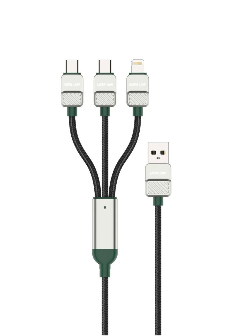 GREEN LION - 3-in-1 Cable Braided USB A to USB C and Lightning Cable 1.2m / 2 Type-C 15W/ USB-A to Lightning 12W / Secure & Safe / Charge & Sync / Quick Charge - Black/Dark Green - Image 1