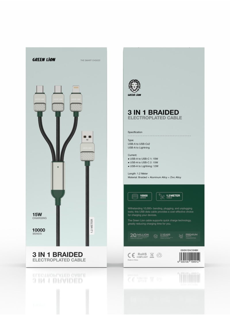 GREEN LION - 3-in-1 Cable Braided USB A to USB C and Lightning Cable 1.2m / 2 Type-C 15W/ USB-A to Lightning 12W / Secure & Safe / Charge & Sync / Quick Charge - Black/Dark Green - Image 1