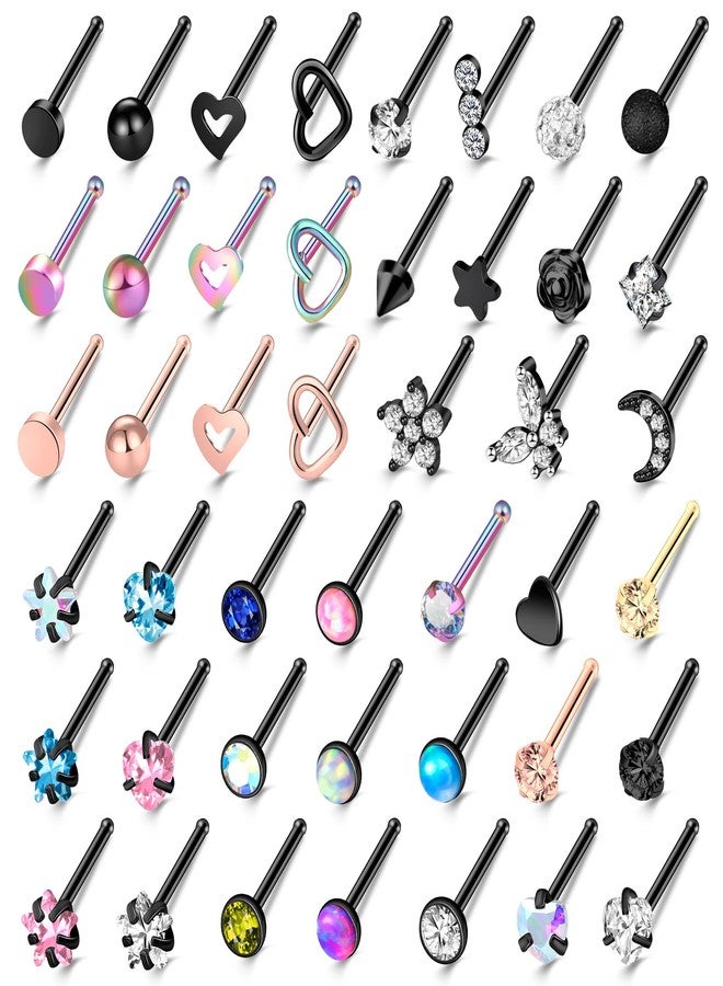 ONESING 44 Pcs 20G Nose Rings Studs Black Nose Rings for Women Surgical Stainless Steel Straight Nose Studs Moon Star Heart Butterfly Hypoallergenic Piercing Jewelry for Women Men - Image 1