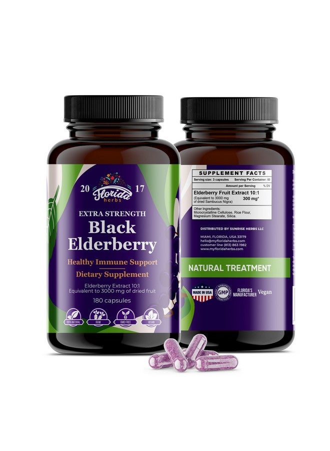 FLORIDA HERBS Black Elderberry Capsules | 180 Count | Sambucus Elderberry Vitamins, Non-GMO, Gluten Free, Organic Elderberry Extract Sambucus Nigra - Image 1