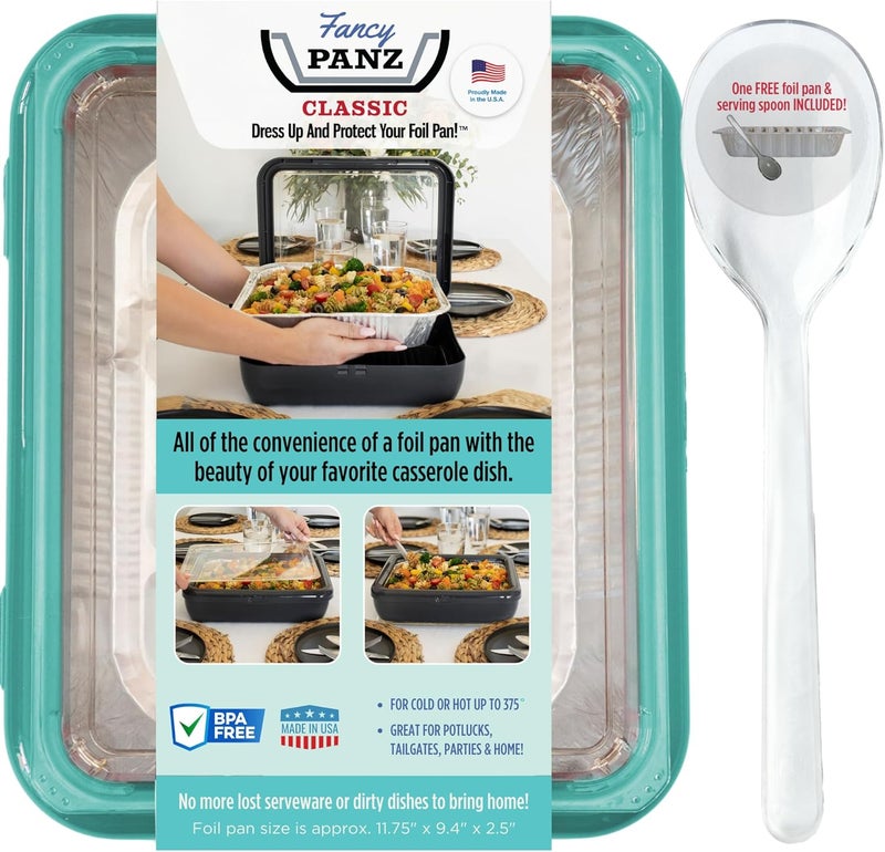 Fancy Panz - Aqua Classic Aluminum Foil Pan Carrier with Lid - Elevated Food Serving Tray - Portable Casserole Carrier with Lid - Made in The USA Hosting Essentials - Image 1