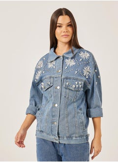 Styli Embellished Regular Fit Denim Jacket  - Image 3
