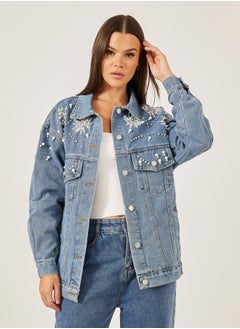 Styli Embellished Regular Fit Denim Jacket  - Image 1
