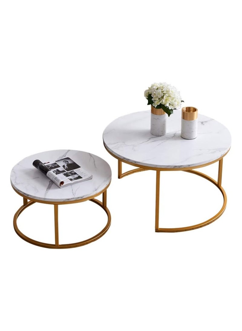 DubaiGallery - Coffee Table Set of 2, Wood Metal Side Table Round Set, Table Combination for Living Room, Balcony, Small Set of Table Set, Living Room Table Modern Industrial Style Side Table Round - Image 1