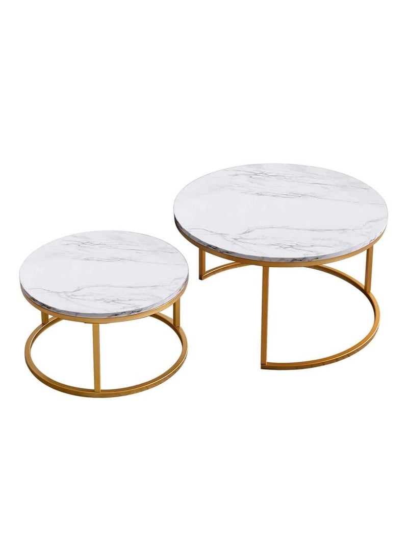 DubaiGallery - Coffee Table Set of 2, Wood Metal Side Table Round Set, Table Combination for Living Room, Balcony, Small Set of Table Set, Living Room Table Modern Industrial Style Side Table Round - Image 1