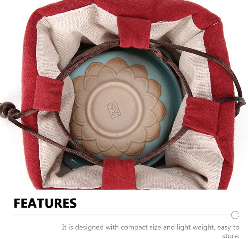 Portable Kung Fu Tea Teaware Storage Bag, Red Cotton Linen Protective Pouch for Travel and Home Tea Set Organization - Image 5