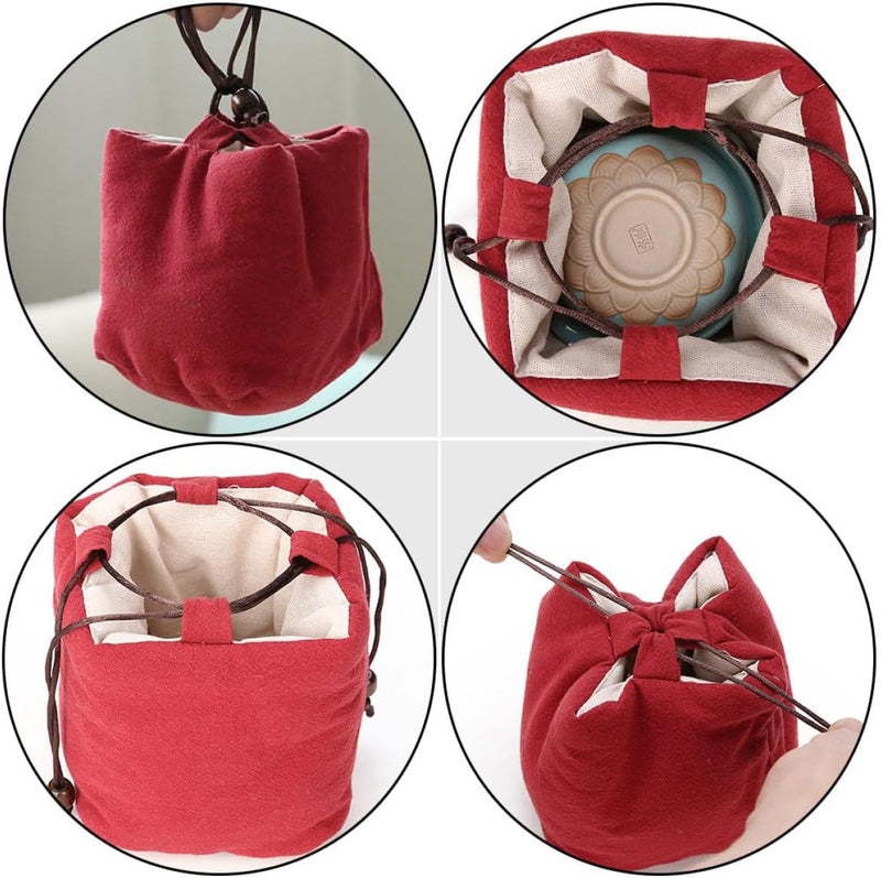 Portable Kung Fu Tea Teaware Storage Bag, Red Cotton Linen Protective Pouch for Travel and Home Tea Set Organization - Image 3