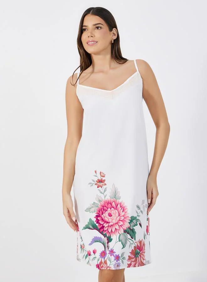 Styli Floral Print Lace Insert Strappy Slip Dress
