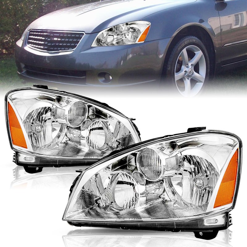 TUSDAR Headlight Assembly Set for 2005/2006 Nissan Altima - Halogen Headlamp Driver and Passenger Side (Chrome Housing with Amber Reflector)