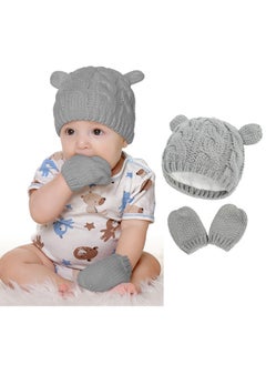 Generic Unisex Baby Toddler Hat and Mitten Set, Winter Knitted Thick Warm Beanie Cap Gloves for 3-6 Months Infant Boys Girls (M, Grey)  - Image 1