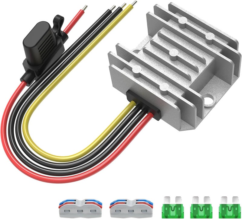 Kzreect 12V 10A 120W Step Down Converter, DC 17-65V to DC 12V Voltage Reducer, Voltage Regulator Transformer with Fuses Holder, Wire Terminals for Golf Cart Club Car Truck Vehicle, 14AWG Wire - Image 1