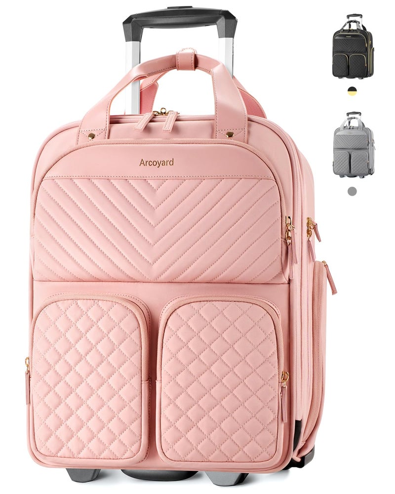 Arcoyard Underseat Carry On Luggage with Wheels, Airline Approved Personal Item Bag, Multiple Compartment Travel Carry-On with Leather Handle, Soft Side Lightweight Rolling Suitcase for Women, Pink, L - Image 1