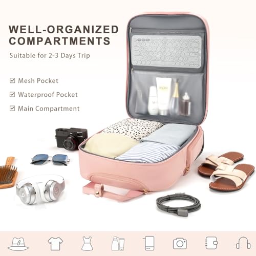 Arcoyard Underseat Carry On Luggage with Wheels, Airline Approved Personal Item Bag, Multiple Compartment Travel Carry-On with Leather Handle, Soft Side Lightweight Rolling Suitcase for Women, Pink, L - Image 4