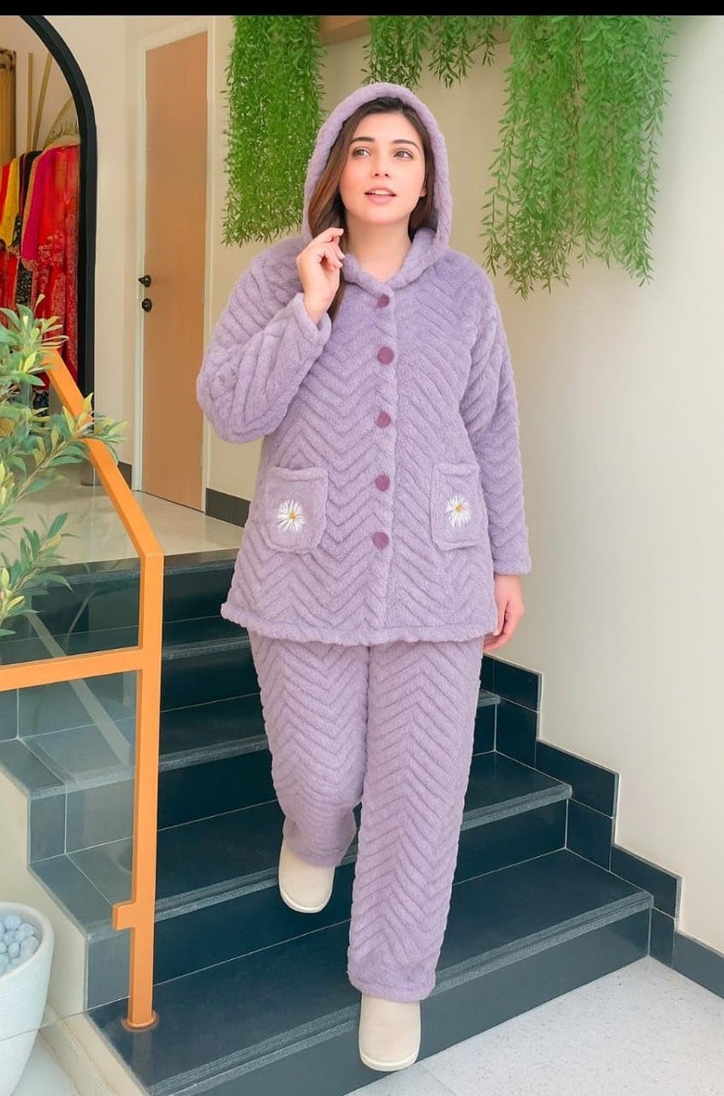 Ukal Women's Wool Blend & Fleece Long Sleeve Pullover Hoodies Set Full Length Winter Nightwear Pajama and top Set Tracksuit Gym Suit Night Suit (in, Alpha, M, Plus Size, Purple) - Image 2