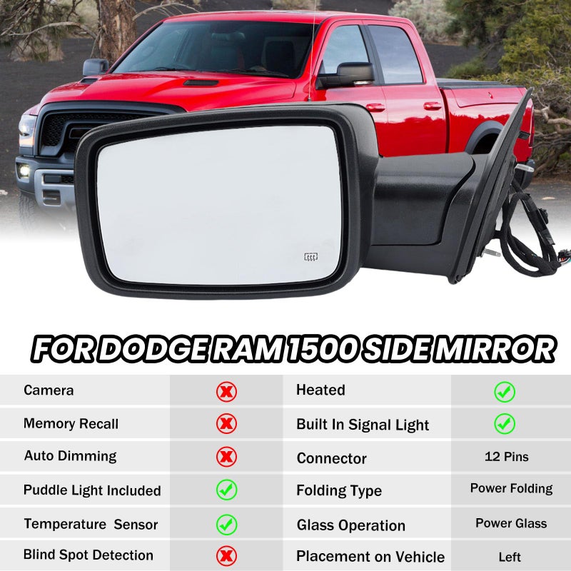 MOFOAP Driver Side Mirror Compatible with 2013-2018 Dodge Ram 1500 2500 3500 Mirrors with Heated Puddle Lamp Temperature Sensor Tuning LED Signal Power Fold Textured Black(10+2Pins) - Image 3