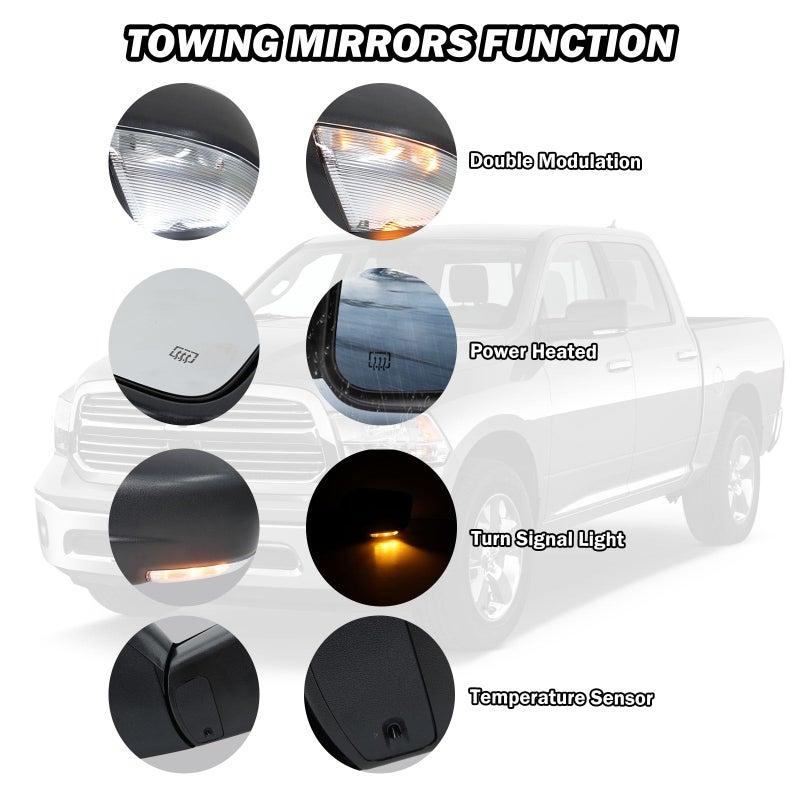 MOFOAP Driver Side Mirror Compatible with 2013-2018 Dodge Ram 1500 2500 3500 Mirrors with Heated Puddle Lamp Temperature Sensor Tuning LED Signal Power Fold Textured Black(10+2Pins) - Image 4