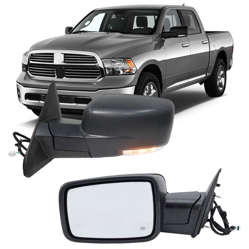 MOFOAP Driver Side Mirror Compatible with 2013-2018 Dodge Ram 1500 2500 3500 Mirrors with Heated Puddle Lamp Temperature Sensor Tuning LED Signal Power Fold Textured Black(10+2Pins) - Image 1