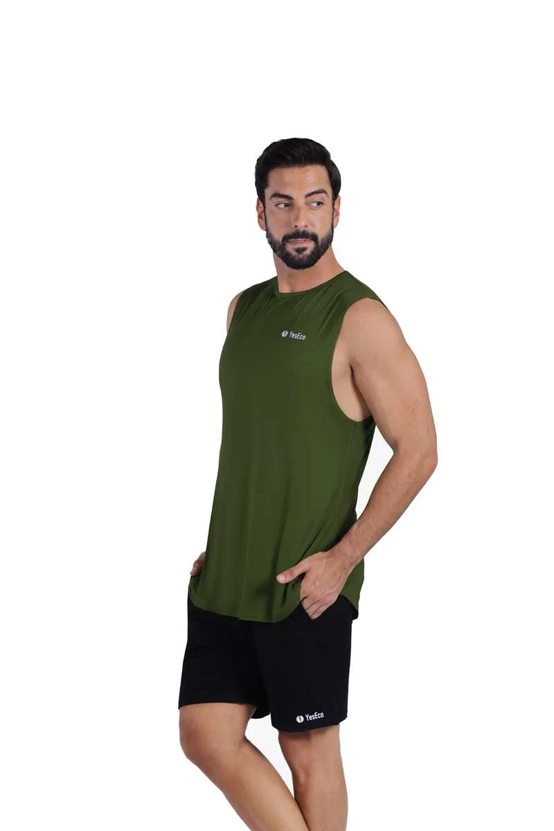 ياسيكو YesEco Men’s Olive Athleisure Tank Top – Ultra-Soft Bamboo Viscose Sleeveless Shirt – Lightweight, Breathable, Sustainable Muscle Tank for Gym, Yoga, or Casual Wear (Only Tank Top)