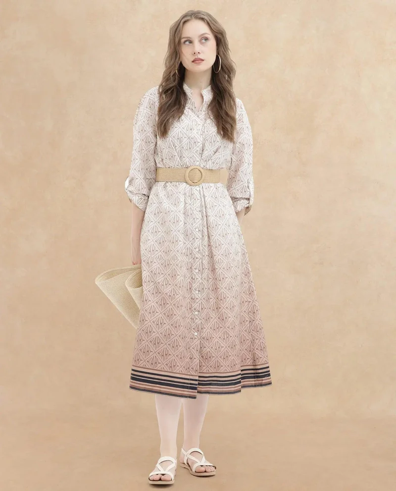 ريريزم Rareism Women's Klee Beige Cotton Fabric Mandarin Collar Button Closure Cuffed Sleeve Geometric Print Fit And Flare Midi Dress