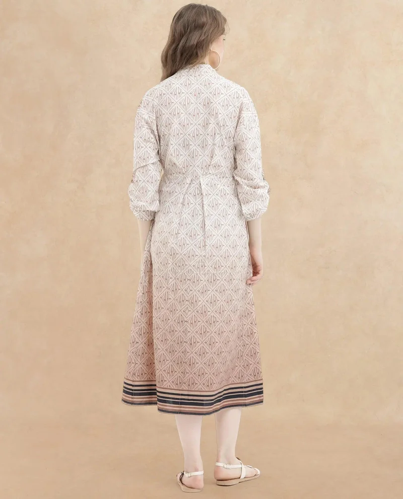 Rareism Women's Geometric Print Mandarin Collar Dress