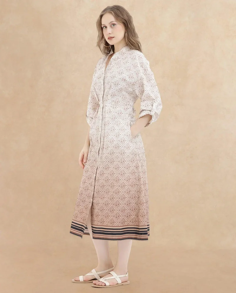 Rareism Women's Geometric Print Mandarin Collar Dress