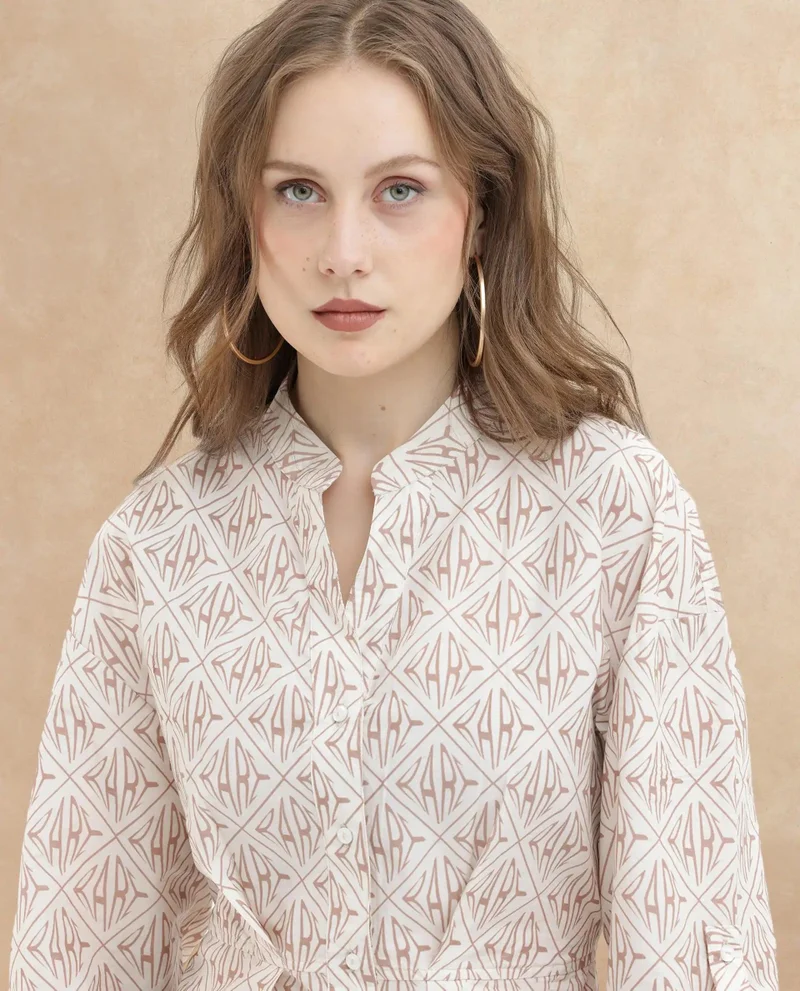 ريريزم Rareism Women's Klee Beige Cotton Fabric Mandarin Collar Button Closure Cuffed Sleeve Geometric Print Fit And Flare Midi Dress