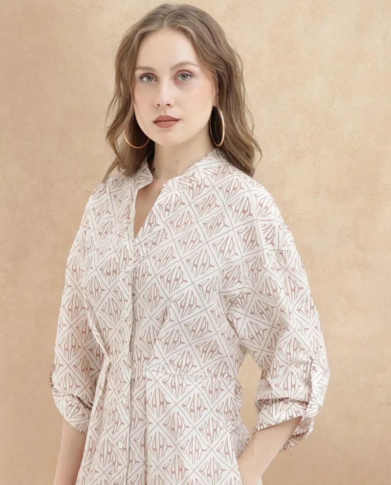 Rareism Women's Geometric Print Mandarin Collar Dress