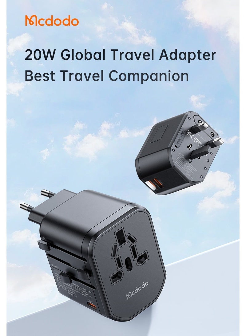 مكدودو McDodo محوّل سفر عالمي، شحن سريع 20W PD، منفذ USB-C + منفذان USB-A + مقبس AC، قوابس UK/US/EU/AU، أكثر من 200 دولة، مؤشر LED، أسود، CP-3471 - Image 2