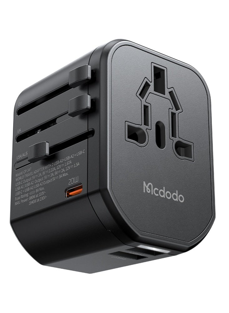 مكدودو McDodo محوّل سفر عالمي، شحن سريع 20W PD، منفذ USB-C + منفذان USB-A + مقبس AC، قوابس UK/US/EU/AU، أكثر من 200 دولة، مؤشر LED، أسود، CP-3471 - Image 1