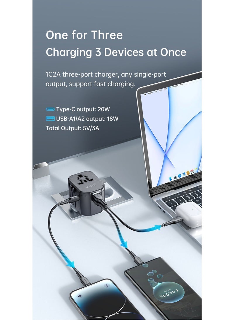 مكدودو McDodo محوّل سفر عالمي، شحن سريع 20W PD، منفذ USB-C + منفذان USB-A + مقبس AC، قوابس UK/US/EU/AU، أكثر من 200 دولة، مؤشر LED، أسود، CP-3471 - Image 3