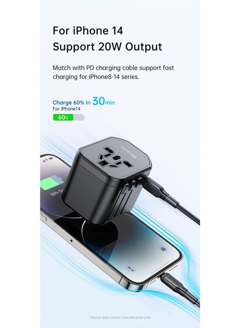 مكدودو McDodo محوّل سفر عالمي، شحن سريع 20W PD، منفذ USB-C + منفذان USB-A + مقبس AC، قوابس UK/US/EU/AU، أكثر من 200 دولة، مؤشر LED، أسود، CP-3471 - Image 5