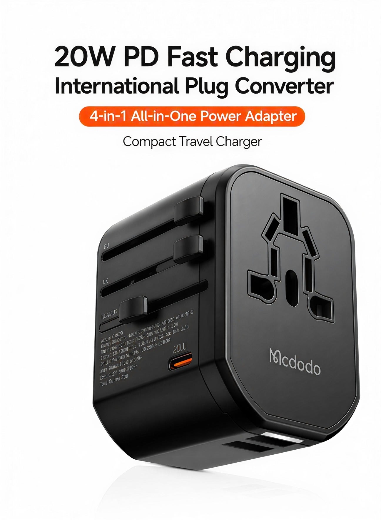 McDodo Universal Travel Adapter, 20W PD Fast Charging, 1 USB-C + 2 USB-A + AC Socket, UK/US/EU/AU International Plugs, 200+ Countries, LED Indicator, Black, CP-3471