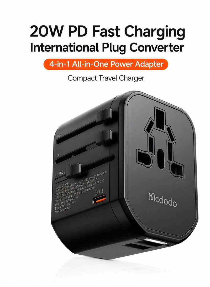 McDodo Universal Travel Adapter, 20W PD Fast Charging, 1 USB-C + 2 USB-A + AC Socket, UK/US/EU/AU International Plugs, 200+ Countries, LED Indicator, Black, CP-3471 - Image 1