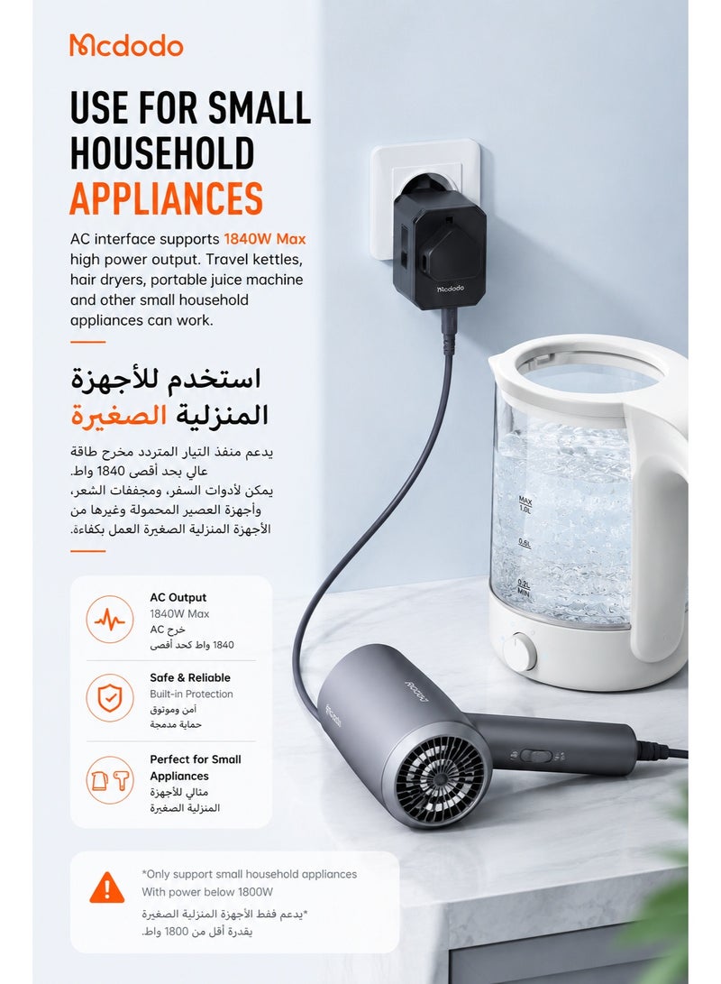McDodo Universal Travel Adapter, 20W PD Fast Charging, 1 USB-C + 2 USB-A + AC Socket, UK/US/EU/AU International Plugs, 200+ Countries, LED Indicator, Black, CP-3471 - Image 3