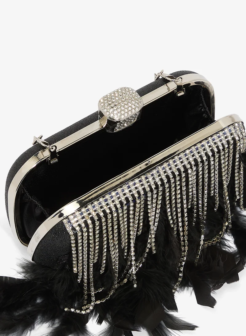 Khizana  Feather Fringe Detail Rhinestone Embellished Top Handle Clutch for Women | Best Price UAE