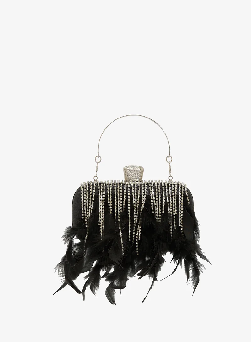 Feather Fringe Detail Rhinestone Embellished Top Handle Clutch
