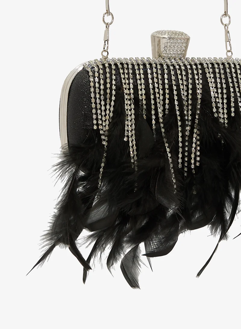 Khizana  Feather Fringe Detail Rhinestone Embellished Top Handle Clutch for Women | Best Price UAE