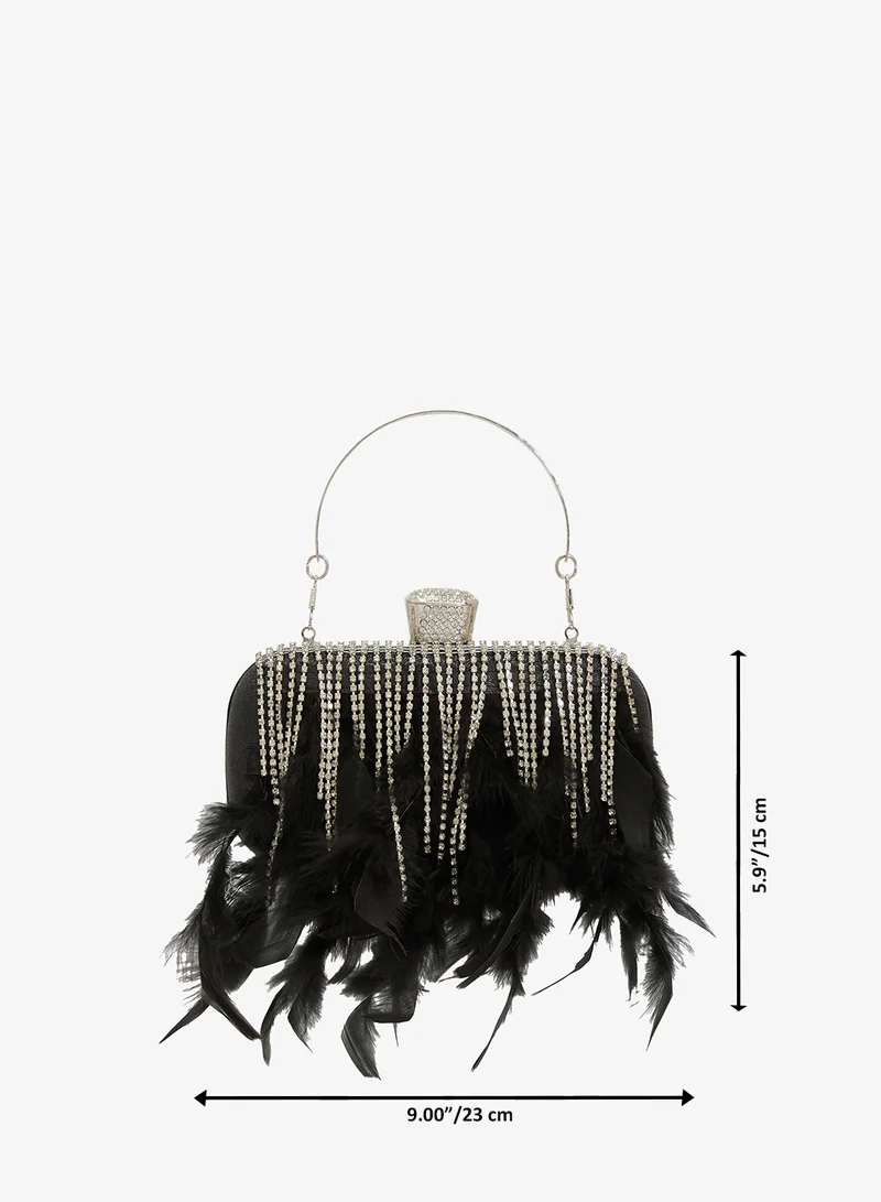 Khizana  Feather Fringe Detail Rhinestone Embellished Top Handle Clutch for Women | Best Price UAE