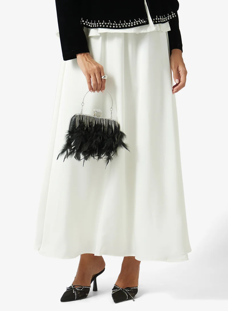 Khizana  Feather Fringe Detail Rhinestone Embellished Top Handle Clutch for Women | Best Price UAE